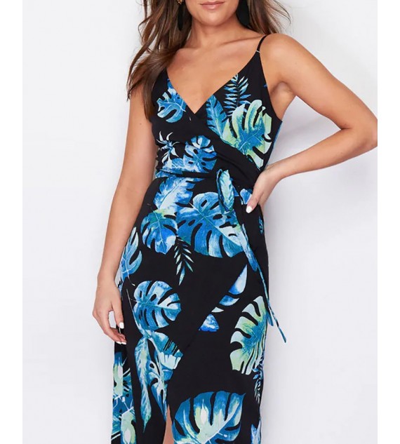 Tropical / Polkadot Print Striped High Slit Maxi Dress