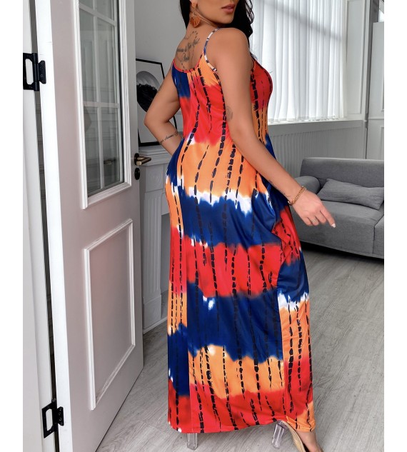 Tie Dye Printed Long Maxi Dress Spaghetti Strap Summer Casual  Beach Party Dress