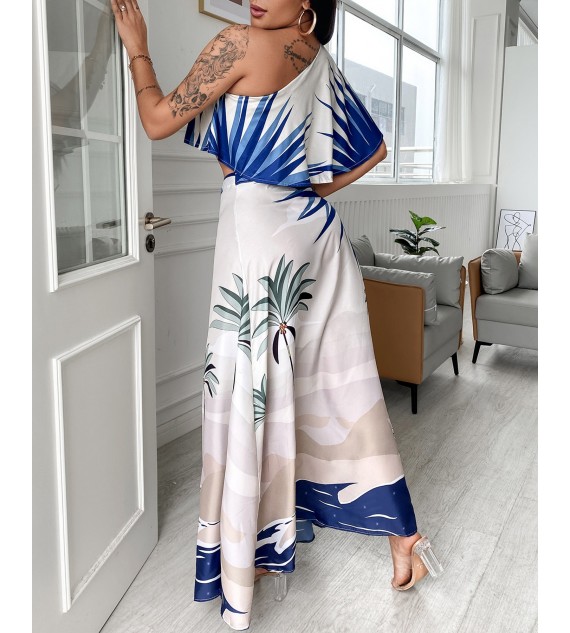 Tropical Print One Shoulder Ruffles Hem Top & Maxi Skirt Set