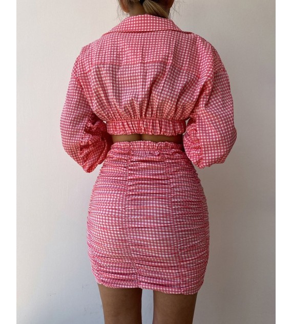 Plaid Print Lantern Sleeve Crop Top & Ruched Skirt Set