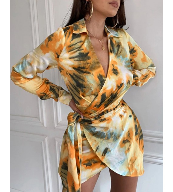 Tie Dye Wrap Tie Side Mini Dress
