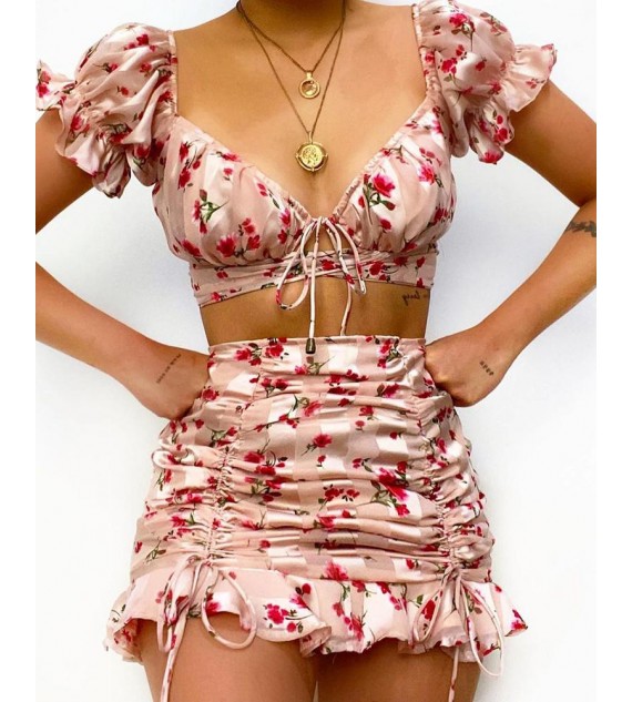 Ditsy Floral Print Frill Hem Tied Detail Top & Ruched Skirt Set