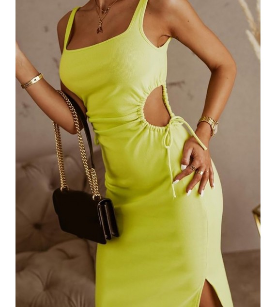 Drawstring Ruched Cutout Slit Maxi Dress