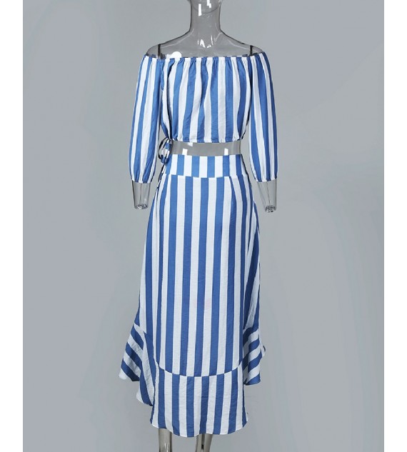 Striped Off Shoulder Top & Ruffles Skirt Sets
