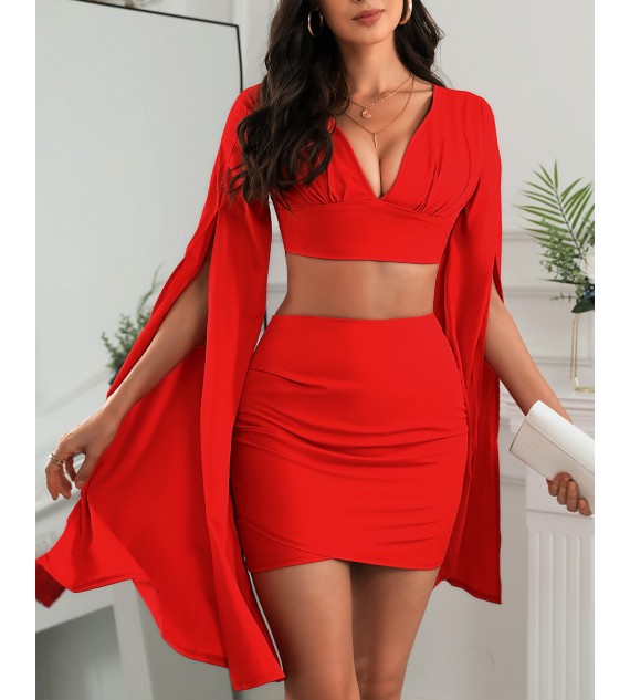 Plain Cape Sleeve Plunge Crop Top & Ruched Skirt Set