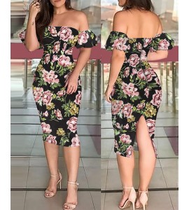 Off Shoulder Floral Print Short Sleeve Dress