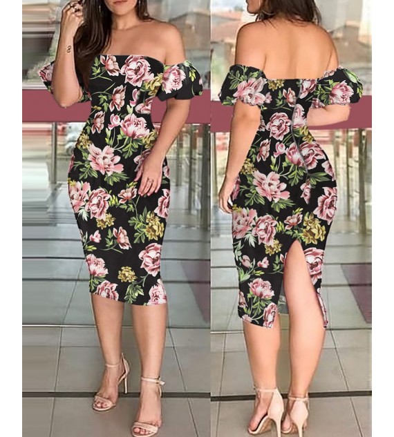 Off Shoulder Floral Print Short Sleeve Dress
