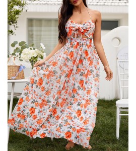 Floral Print Halter Lace Up Cutout Maxi Dress