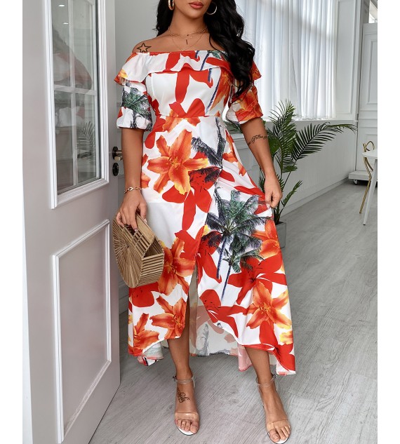 Off Shoulder Tropical Print Scallop Trim High Slit Dress