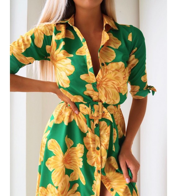 Floral Print Button Design Shirt Dress With Belt