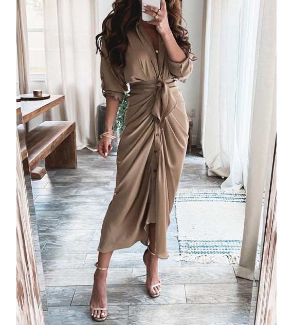 High Slit Button Front Long Sleeve Shirt Dress