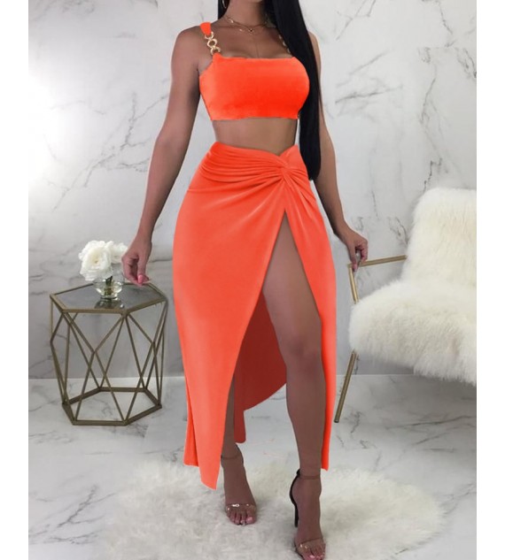 Chain Strap Crop Top & High Slit Twisted Skirt Set