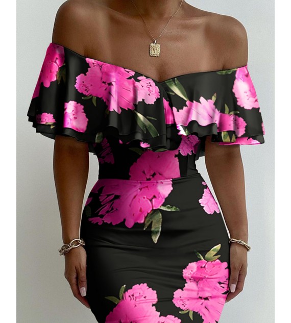 Floral Print Off Shoulder Ruffles ny Dress Slim Bodycon Dress Midi Dress