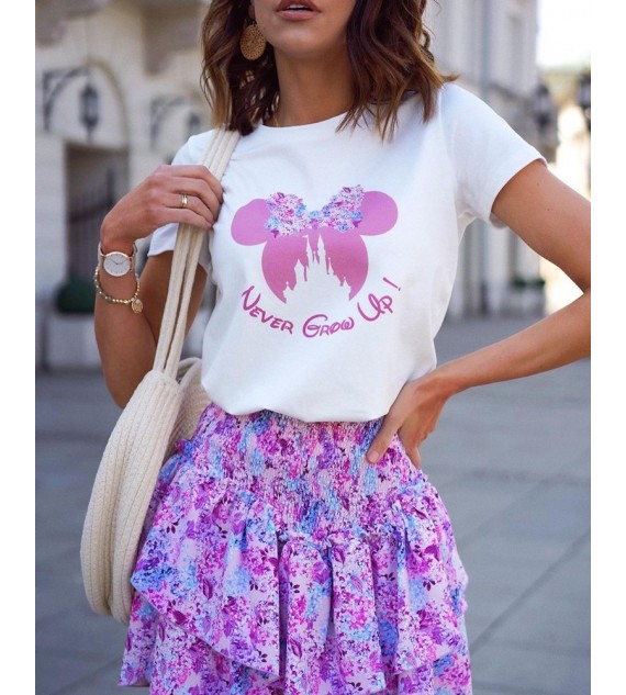 Letter Cartoon Print Top & Layered Ruffles Floral Print Skirt Set