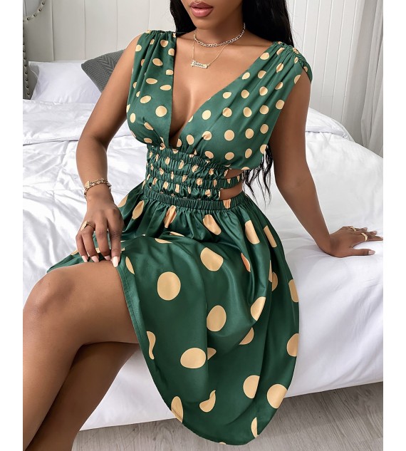 Cutout Waist Plunge Polkadot Print Dress