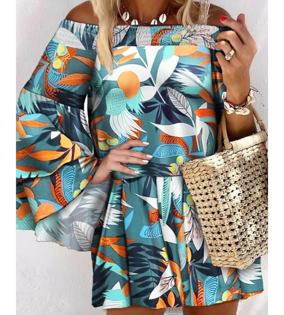 Off Shoulder Shirred Bell Sleeve Tropical Print Dress