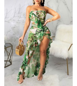 Tropical Print Ruffle Dip Hem Mesh Dress