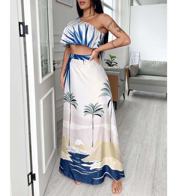 Tropical Print One Shoulder Ruffles Hem Top & Maxi Skirt Set