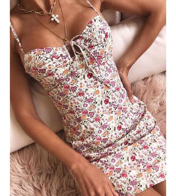 Floral Tie Front Mini Women Dress
