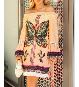 Butterfly Off Shoulder Fringe Hem Casual Dress
