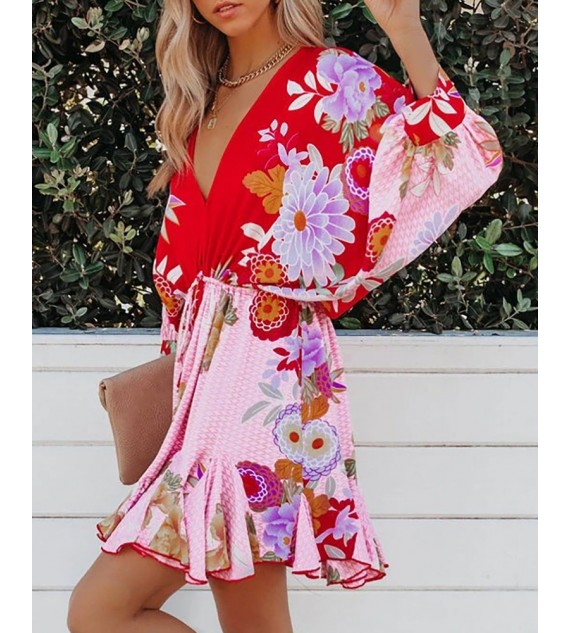 Floral Print Ruffles Hem Lantern Sleeve Casual Dress