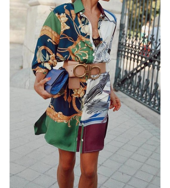 Colorful Print Side Slit Side Casual Women Shirt Dress