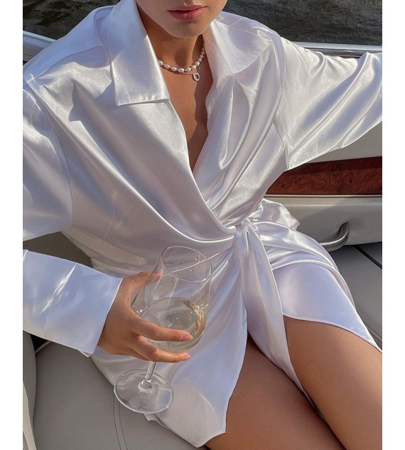 Twisted Tied Detail Satin Long Sleeve Shirt Dress