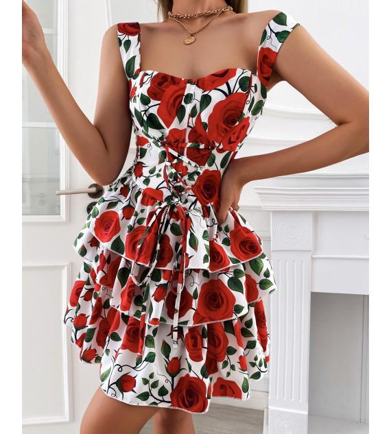 Layered Ruffles Lace-up Backless Floral Print Dress