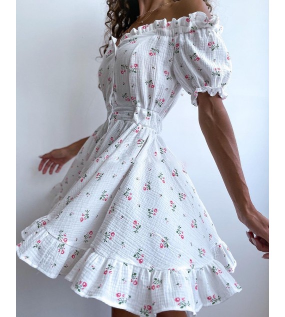 Off Shoulder Frill Hem Ditsy Floral Print Dress