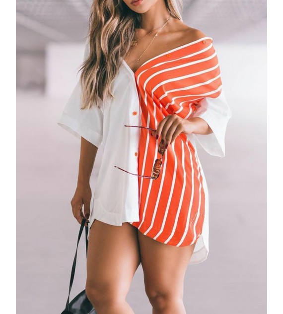 Striped Color Button Front Shirt Dress