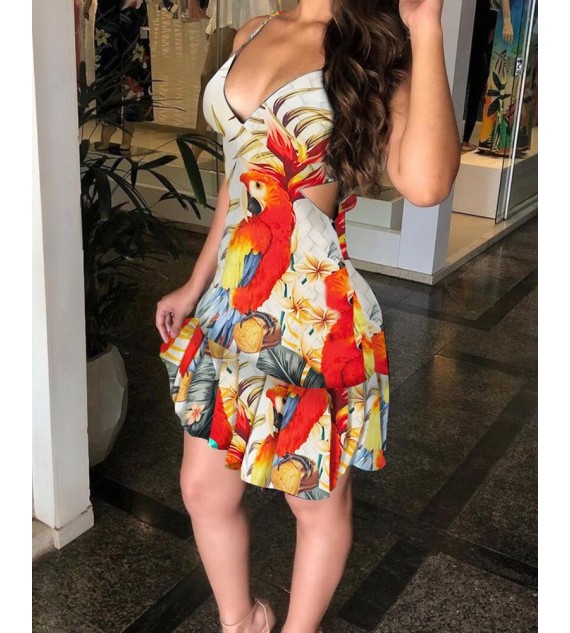 Floral Print Ruffle Hem Cutout Sleeveless Dress