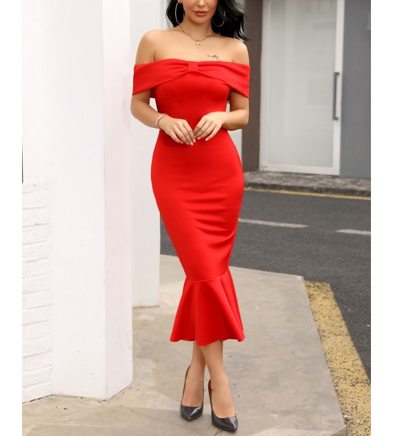 Off Shoulder Ruffles Hem Bowknot Bodycon Dress