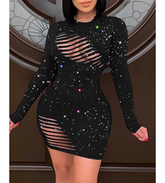 Ladder Cutout Glitter Long Sleeve Bodycon Women Dress