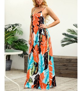 V Neck Dresses Leaf Print Casual Beach Party Swing Dress With Pockets