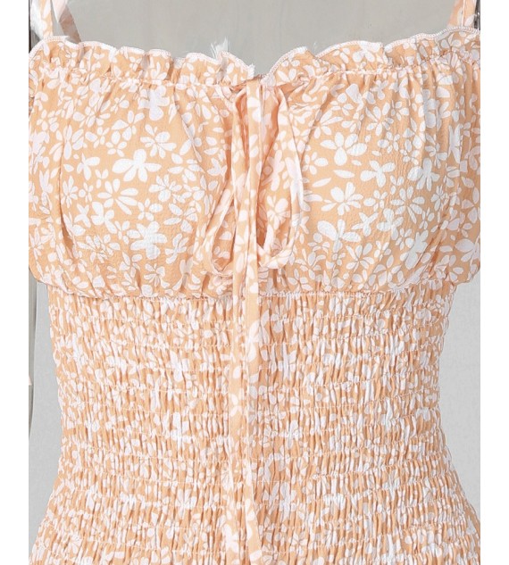 Floral Print Spaghetti Strap Shirring Dress