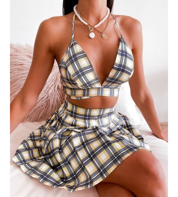 Halter Plaid Print Crop Top & Skirt Set