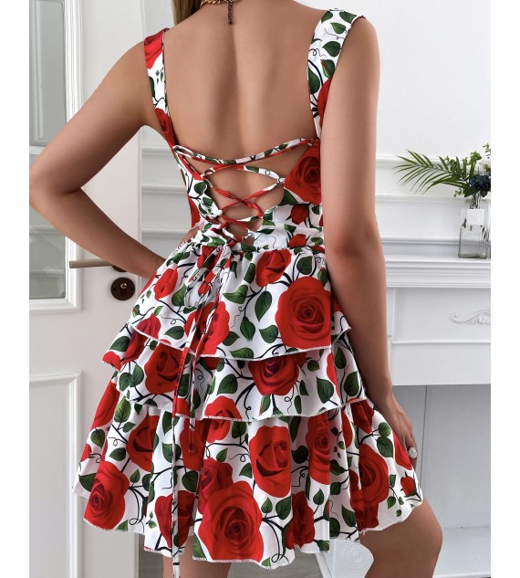 Layered Ruffles Lace-up Backless Floral Print Dress