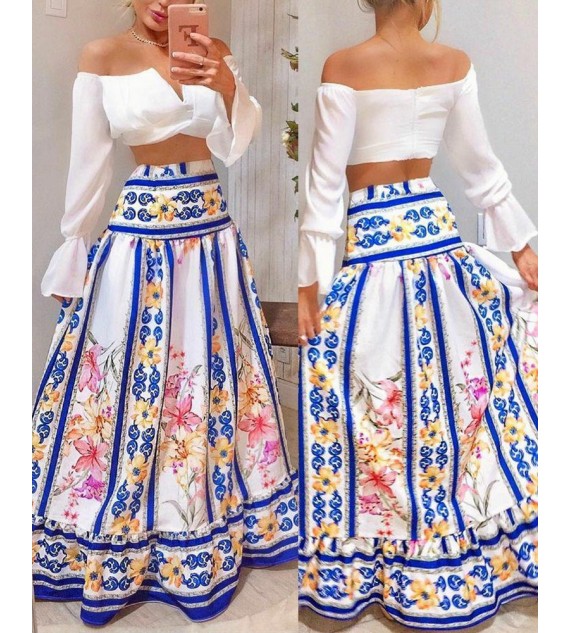 Off Shoulder Notched Flared Sleeves Crop Top & Floral Print Maxi Skirt Set