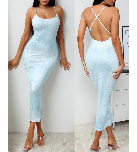 Cheetah Print Crisscross Backless Maxi Dress