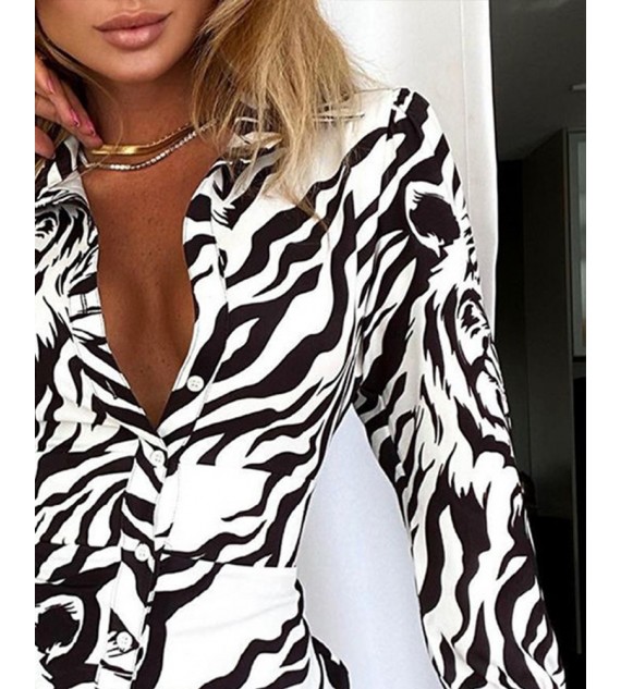 Long Sleeve Button Design Tiger Print Casual Shirt  Dress Slim Mini Shirt Dress
