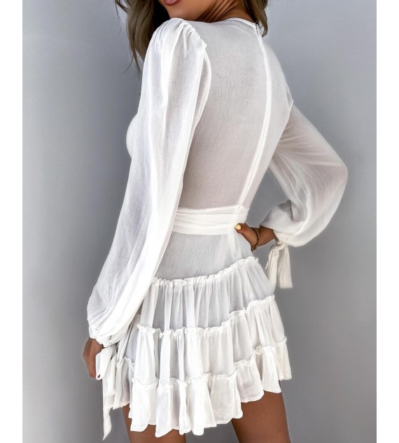 Lantern Sleeve Tied Cuff Frill Hem Dress