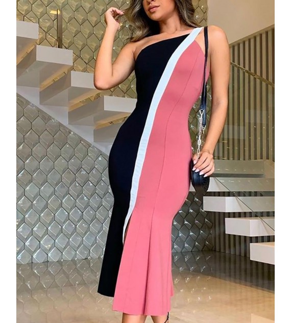 One Shoulder Color rt Fishtail Dress
