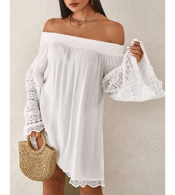 Scallop Lace Trim Bell Sleeve Casual Dress