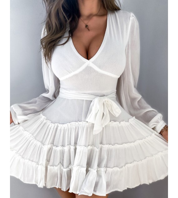 Lantern Sleeve Tied Cuff Frill Hem Dress