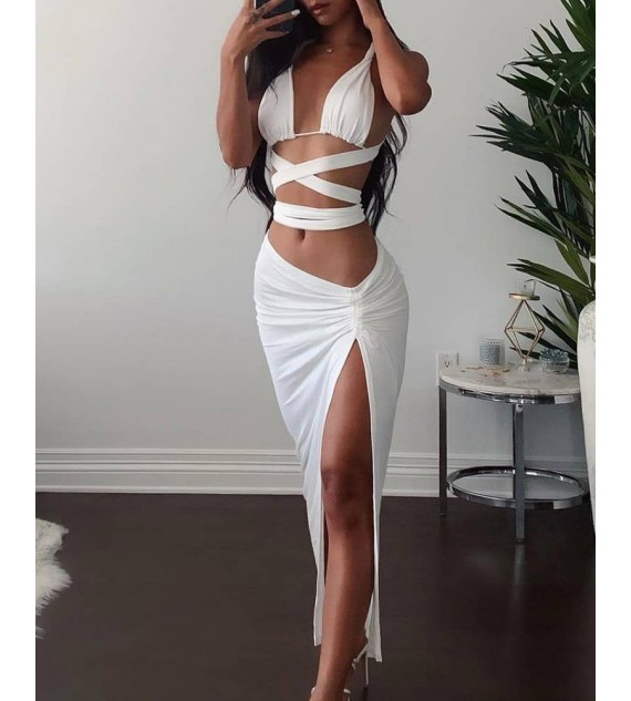 Halter Ruched Tied Detail Top & Slit Skirt Set