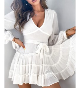 Lantern Sleeve Tied Cuff Frill Hem Dress