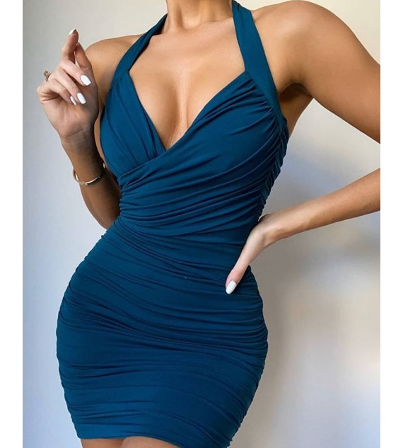 Halter V-Neck Ruched Bodycon Dress