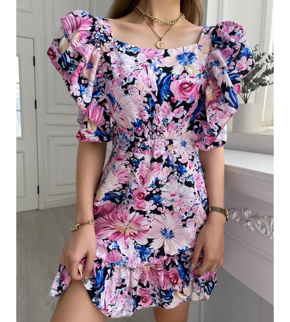 Floral Print Tied Detail Backless Ruched Dress