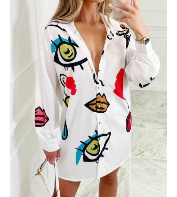 Lip Eye Print Drop Shoulder Button Up Shirt Dress Casual Loose Daily Shirt Dress