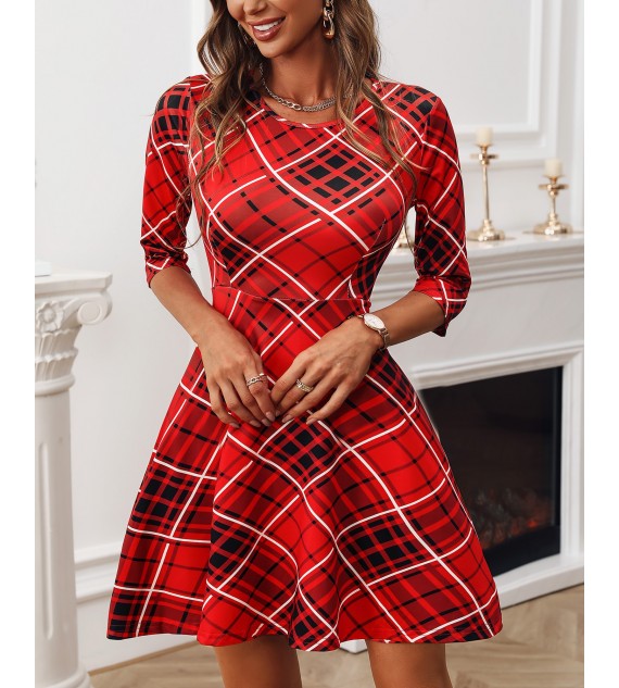Half Sleeve Plaid Casual Flared Women Dress